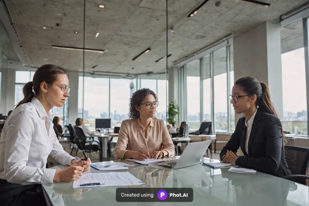 Dynamic business team meeting in modern glass conference room, diverse professionals collaborating around table with laptops and documents, natural lighting from large windows, corporate photography style, professional atmosphere, shot with wide-angle lens