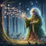 Albert Einstein reimagined as a whimsical forest elf, wearing a glowing robe made of moss and stars, casting formulas into the air like spells. A glowing, enchanted forest surrounds him. Soft ethereal lighting, fantasy book illustration style