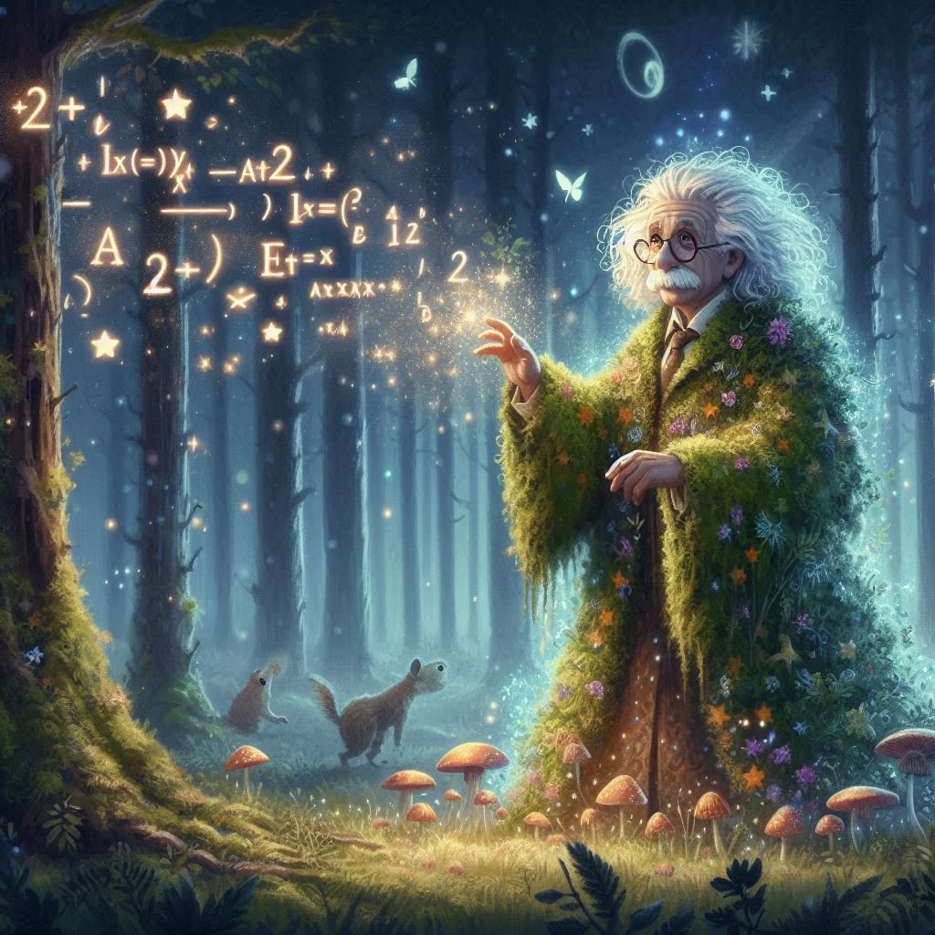 Albert Einstein reimagined as a whimsical forest elf, wearing a glowing robe made of moss and stars, casting formulas into the air like spells. A glowing, enchanted forest surrounds him. Soft ethereal lighting, fantasy book illustration style
