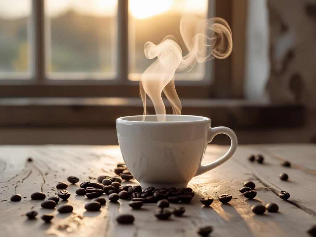 Elegant white ceramic coffee cup with steam rising, sitting on rustic wooden table with scattered coffee beans, soft morning light streaming through window, minimalist composition, shallow focus, warm golden hour lighting, commercial product photography style