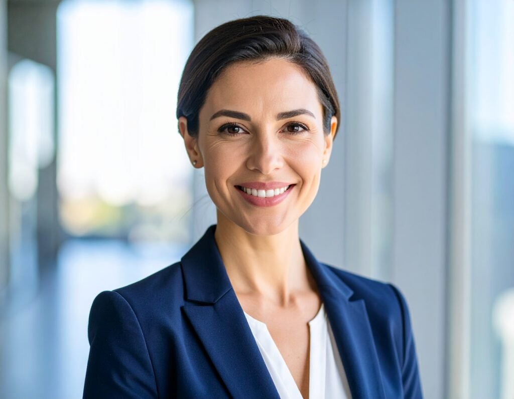 Professional headshot of a confident businesswoman in her 30s, wearing a navy blue blazer, soft natural lighting from a window, shallow depth of field, shot with an 85mm lens, corporate office background slightly blurred, warm and approachable expression
