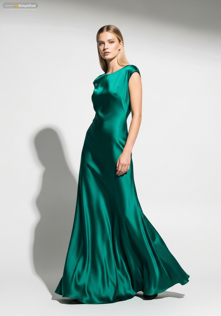 Elegant fashion model wearing flowing silk dress in emerald green, studio lighting with dramatic shadows, high-fashion photography style, confident pose, professional makeup, clean white background, Vogue magazine aesthetic