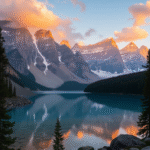 Majestic snow-capped mountain range at sunrise, reflecting in a crystal clear alpine lake, dramatic clouds with golden light, pine trees in foreground, wide-angle perspective, HDR photography style, vibrant colors, pristine wilderness atmosphere
