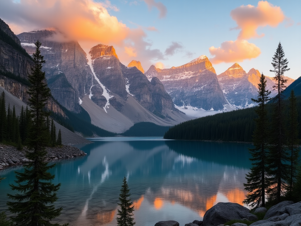 Majestic snow-capped mountain range at sunrise, reflecting in a crystal clear alpine lake, dramatic clouds with golden light, pine trees in foreground, wide-angle perspective, HDR photography style, vibrant colors, pristine wilderness atmosphere