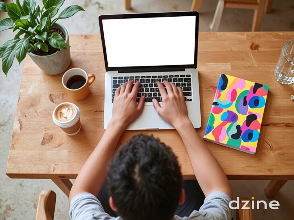Young creative professional working on laptop in modern coffee shop, overhead flat lay view, colorful notebook and coffee cup nearby, natural lighting, Instagram-worthy composition, bright and airy aesthetic, millennial lifestyle photography