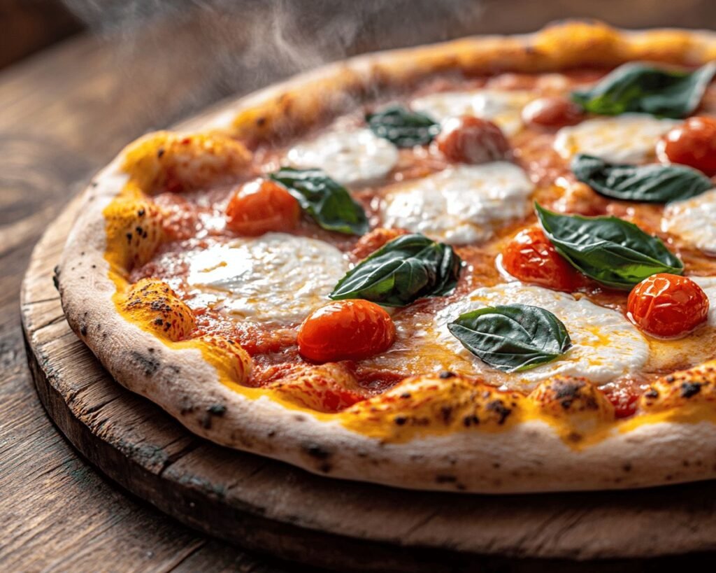 Artisanal wood-fired pizza with fresh basil, melted mozzarella, and cherry tomatoes, shot from a 45-degree angle, rustic wooden background, warm ambient lighting, food photography style, steam visible, magazine quality presentation