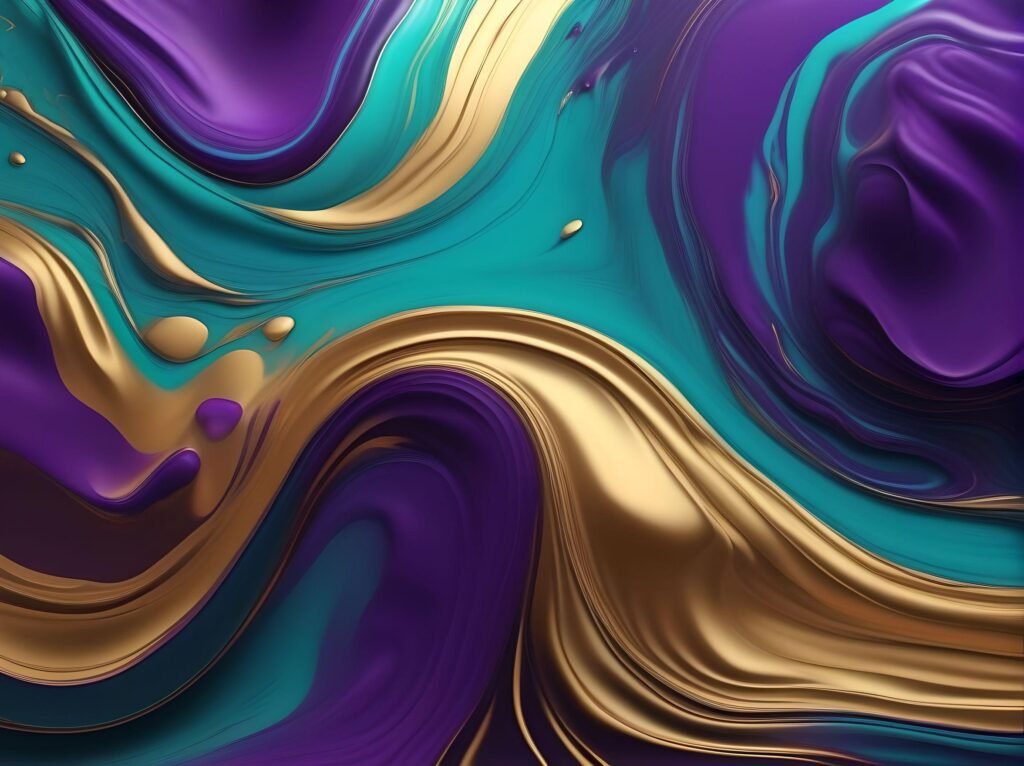 Flowing abstract composition with vibrant gradients of purple, teal, and gold, liquid marble texture, organic flowing shapes, high contrast, contemporary digital art style, wallpaper quality, 4K resolution