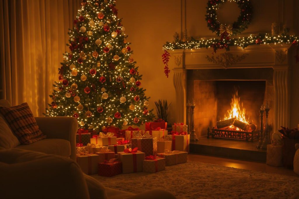 Cozy Christmas morning scene with decorated tree, wrapped presents underneath, warm fireplace glowing, family living room setting, soft golden lighting, nostalgic atmosphere, holiday card photography style, inviting and peaceful mood