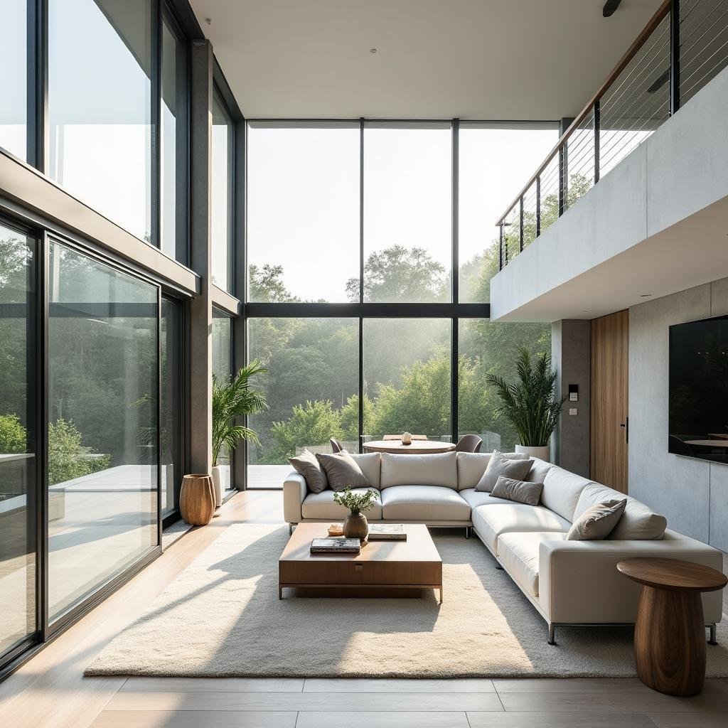 Luxurious modern living room with floor-to-ceiling windows, minimalist furniture, neutral color palette of whites and grays, natural light flooding in, indoor plants, contemporary architecture, real estate photography style, wide-angle lens perspective